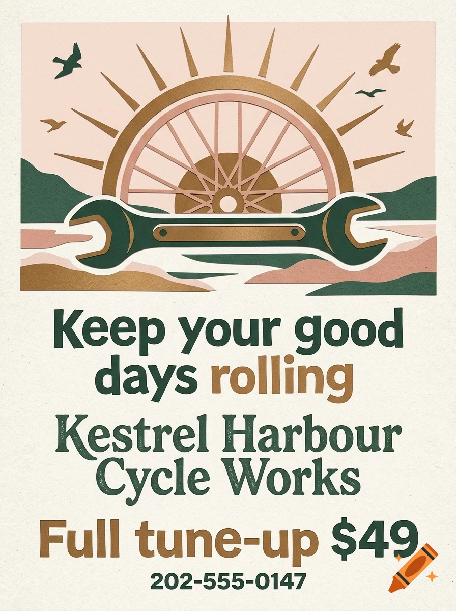A vintage-style poster for a bicycle shop featuring a bicycle wheel, wrench, rising sun, and flying birds with text.