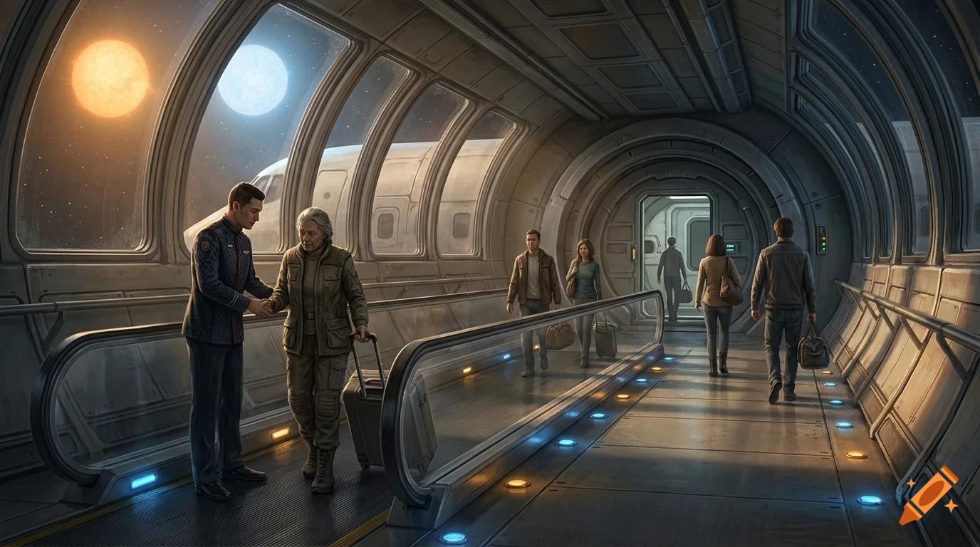 People walking through a futuristic space station hallway with large windows showing stars and two suns.