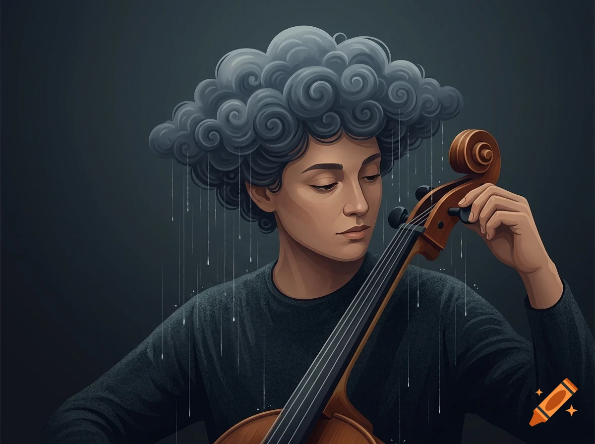 A person with curly, cloud-like hair and rain falling from it tunes a cello.