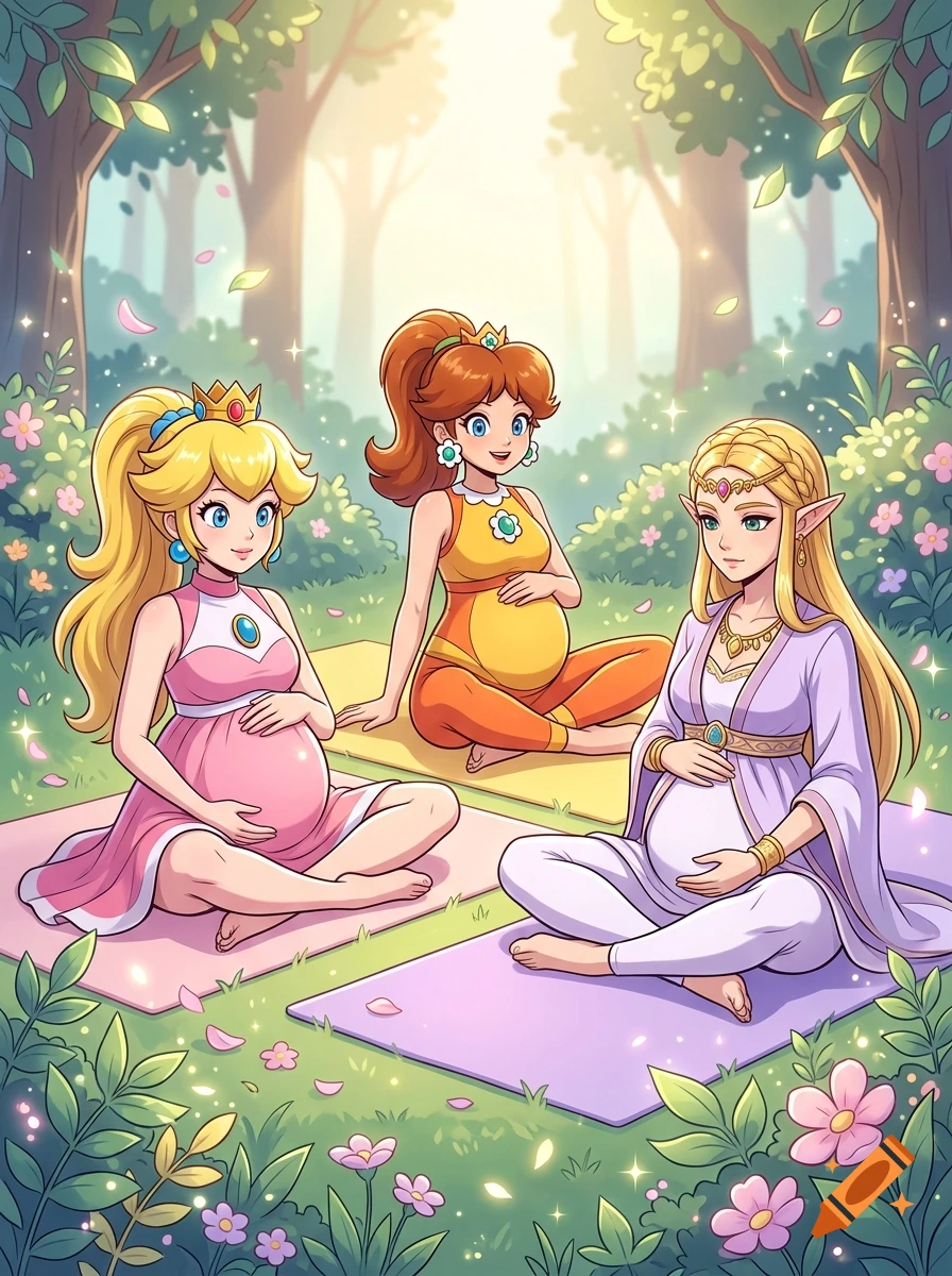 Anime style illustration of pregnant Princess Peach, Daisy, and Zelda sitting on yoga mats in a sunny forest.
