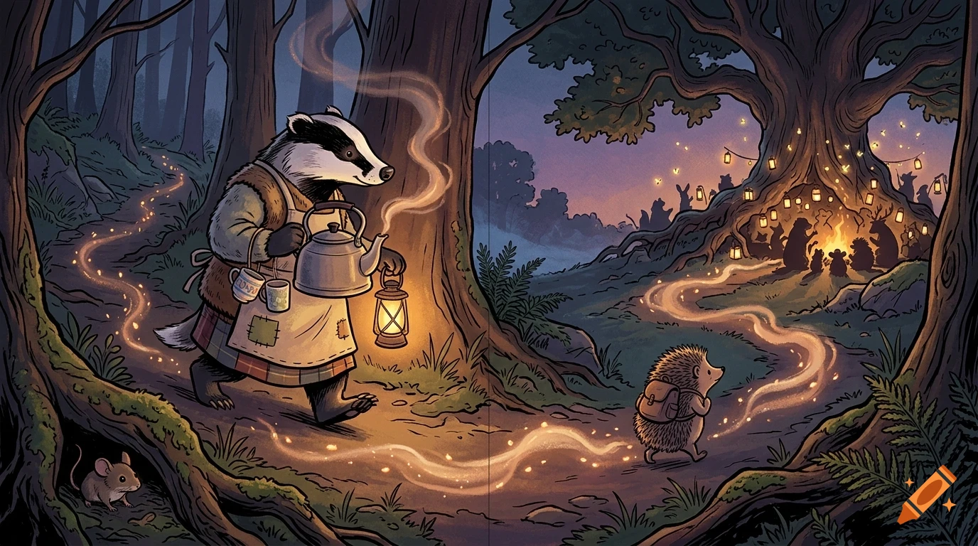 An illustrated woodland scene at dusk featuring an anthropomorphic badger carrying a teapot and lantern, a hedgehog walking down a glowing path, and other animals gathered around a campfire inside a large hollow tree.