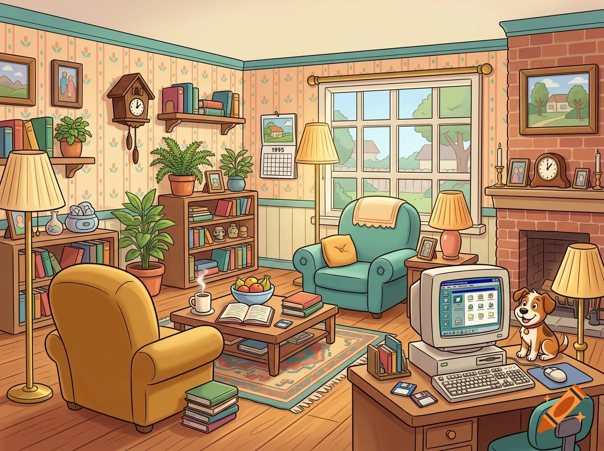 Illustrated cozy 1990s style living room interior with a vintage computer, fireplace, and cute dog.