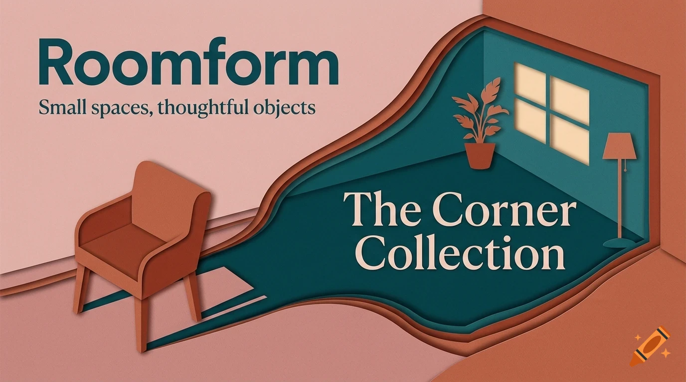 An illustration of a room interior with an armchair, a plant, a lamp, and text reading Roomform and The Corner Collection.