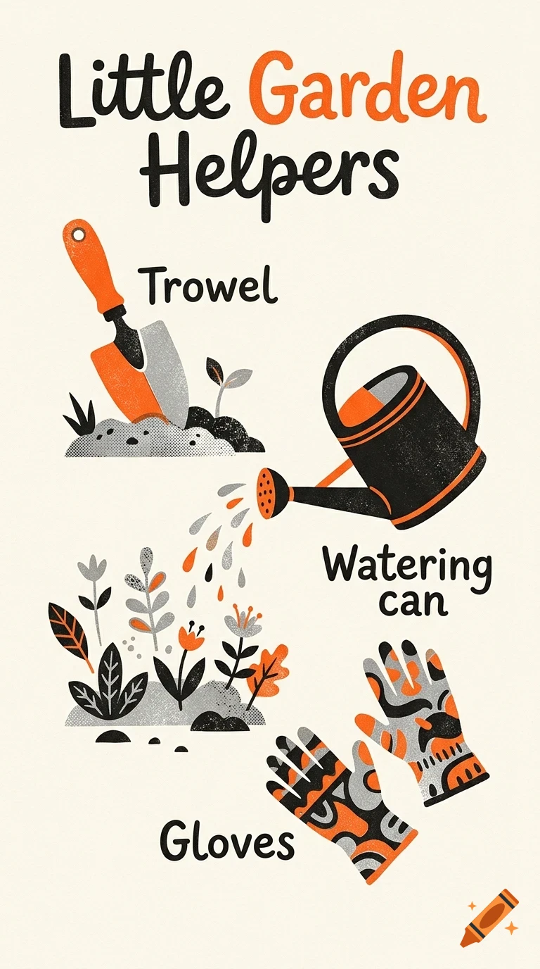 An educational illustration titled Little Garden Helpers featuring labeled drawings of a trowel, watering can, small plants, and gardening gloves in black and orange.