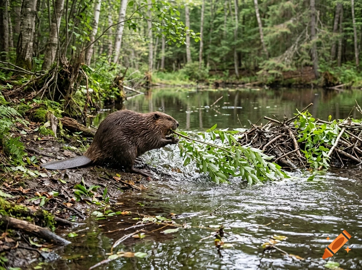 A beaver holding a green leafy branch by a forest stream and lodge.