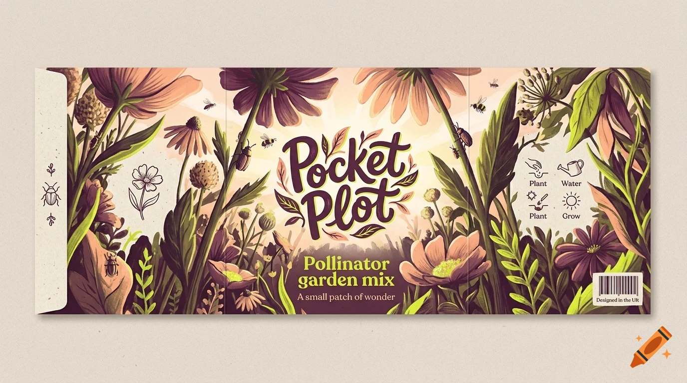 An illustrated seed packet design with flowers, insects, and the text Pocket Plot Pollinator garden mix.