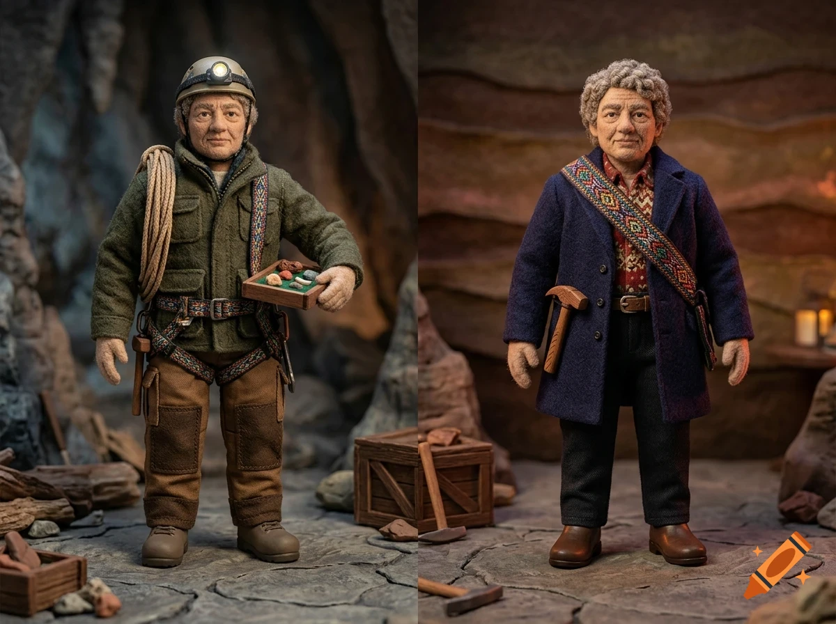 Two side-by-side photos of felt-like sculpted character dolls in cave settings, one dressed as a miner with a headlamp and rocks, the other in a coat.