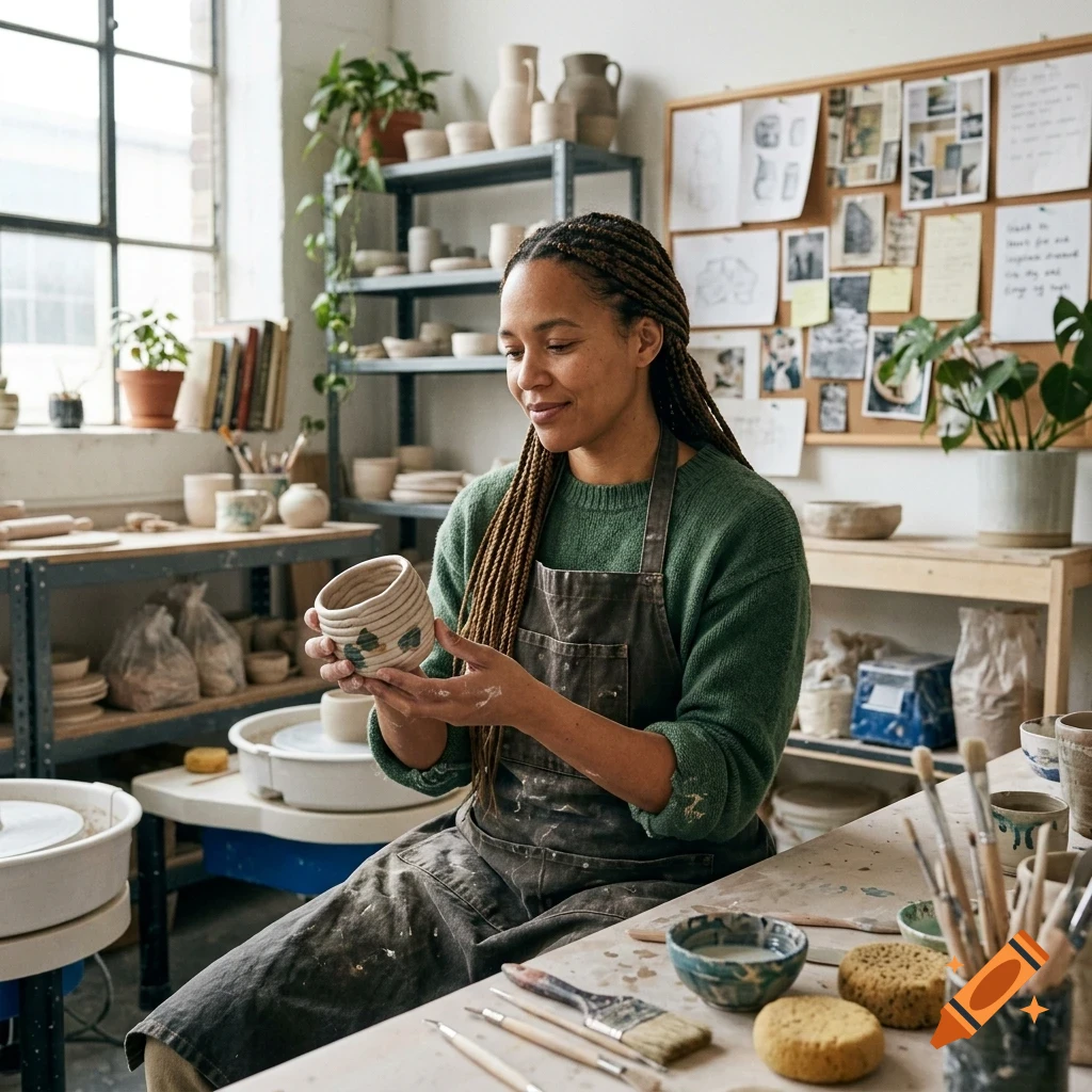 A woman with braided hair wearing a green sweater and an apron holds a small ceramic cup in a pottery studio.