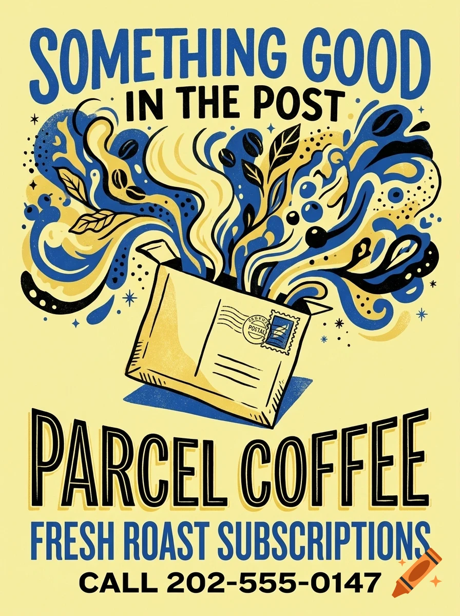 An illustration of an open envelope with stylized blue and yellow abstract shapes and coffee beans bursting out, accompanied by the text 'Something good in the post', 'Parcel Coffee', and a phone number.