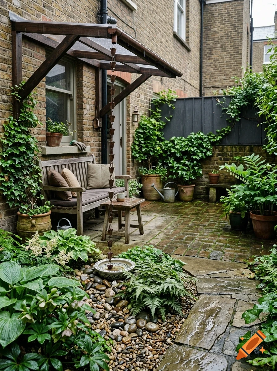 A small brick courtyard garden with a wooden bench, potted plants, climbing ivy, a stone path, and a rain chain.