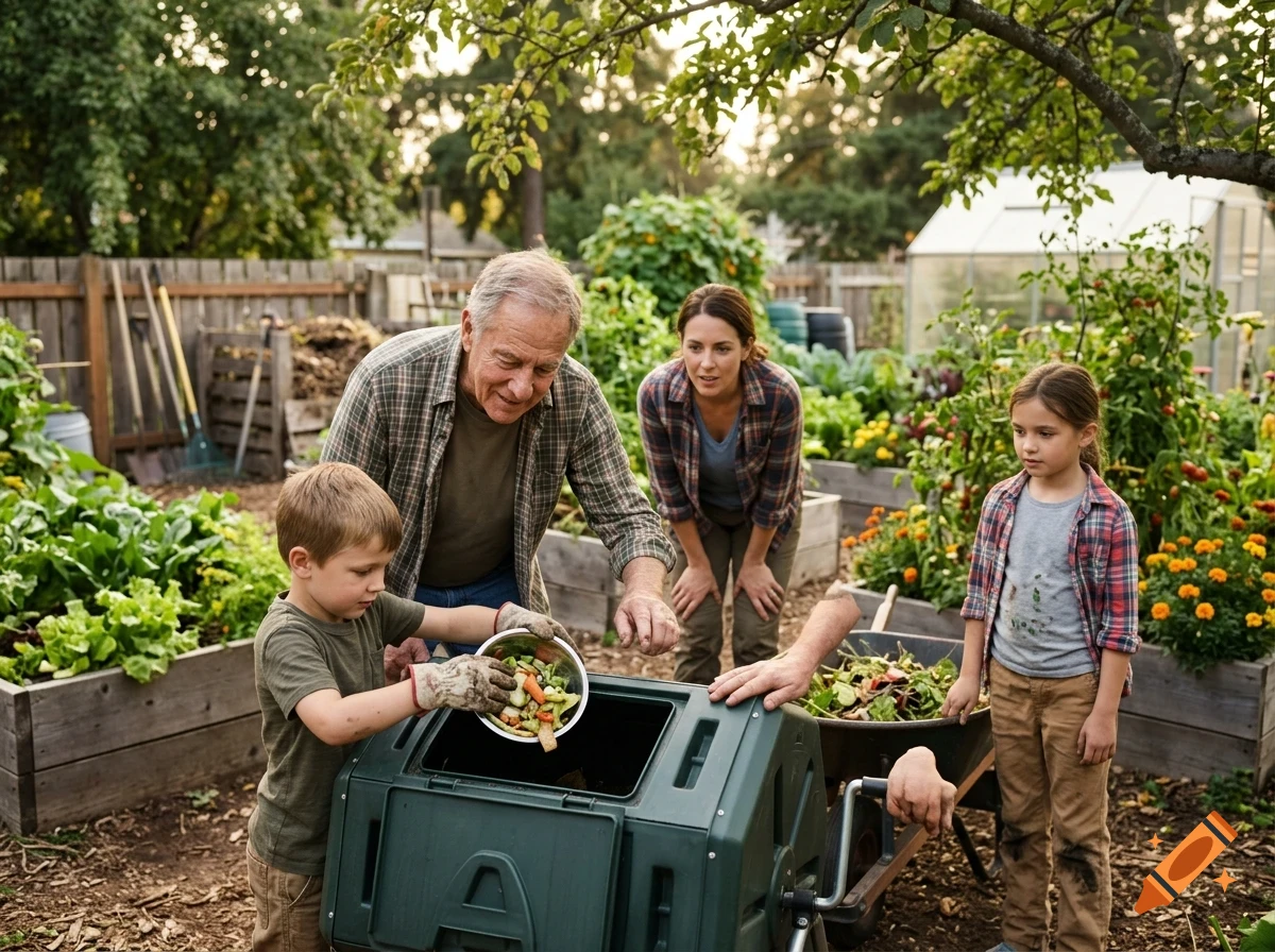 A family working together in a garden, with a young boy dumping food scraps into a composter.