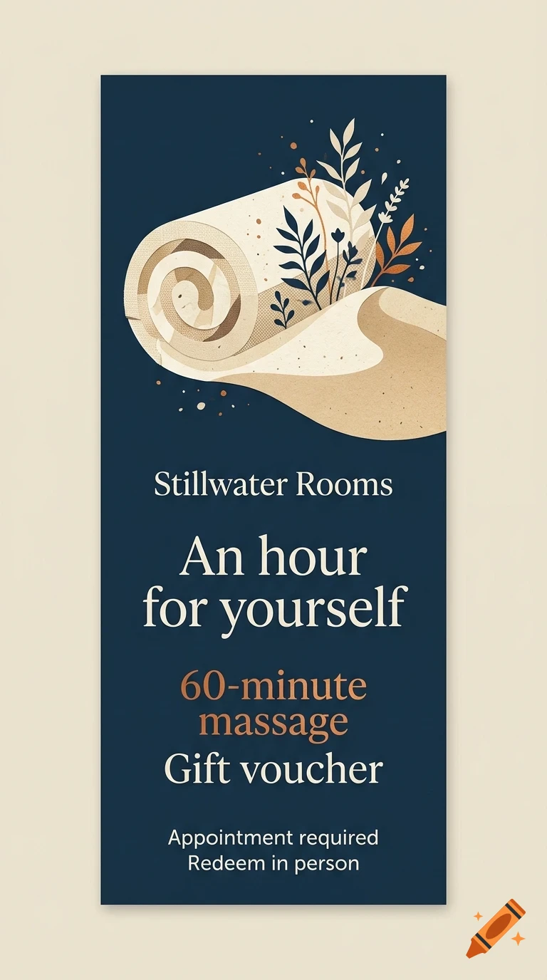 A gift voucher for Stillwater Rooms featuring a rolled towel graphic, floral sprig accents, and text reading 'An hour for yourself' and '60-minute massage'.