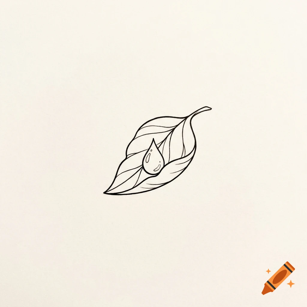A black and white line drawing of a single leaf with a water droplet resting on its surface.