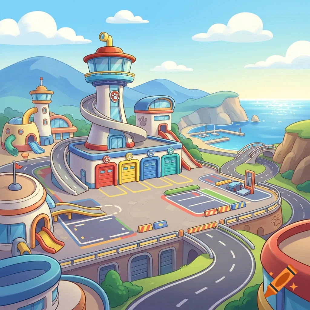 Animated cartoon style illustration of a colorful coastal lookout tower with a slide, ramps, and surrounding landscape.