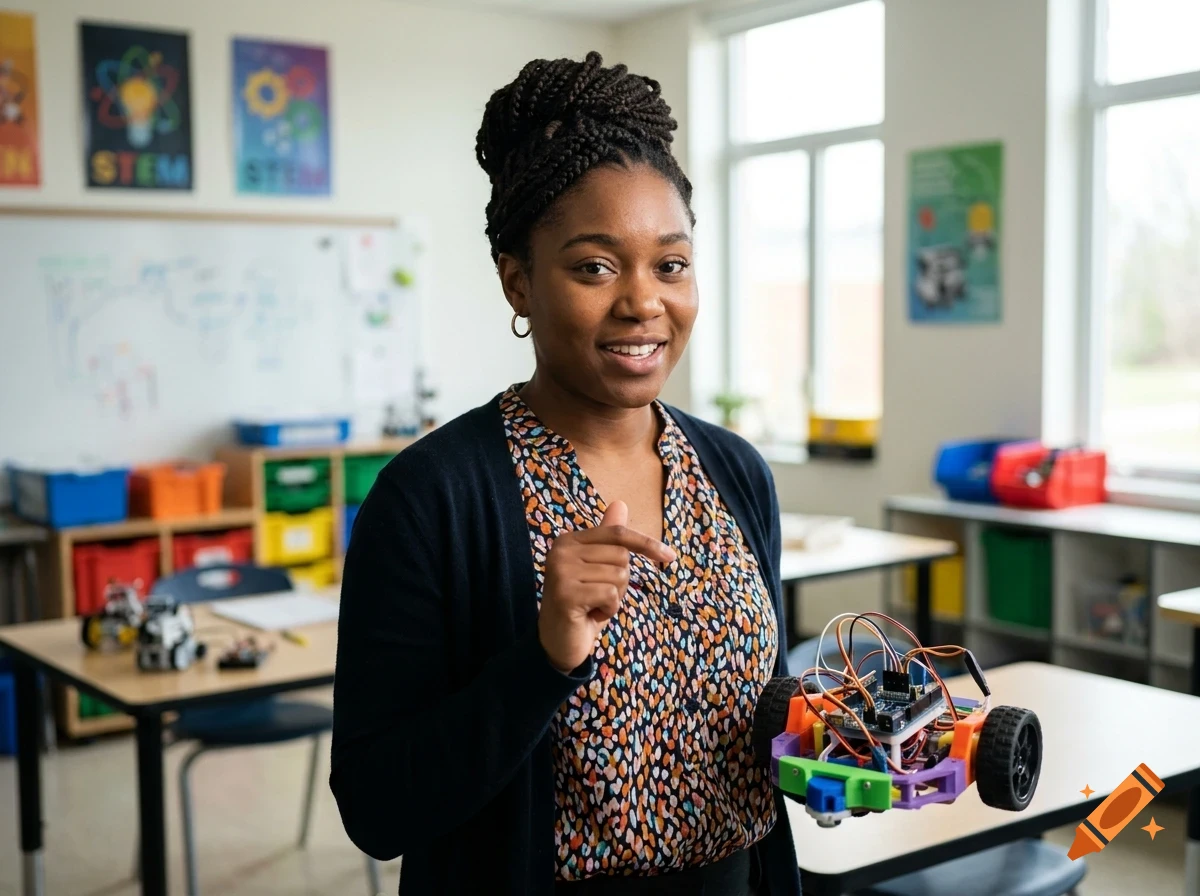 A smiling young woman holding a small wheeled robot in a classroom.