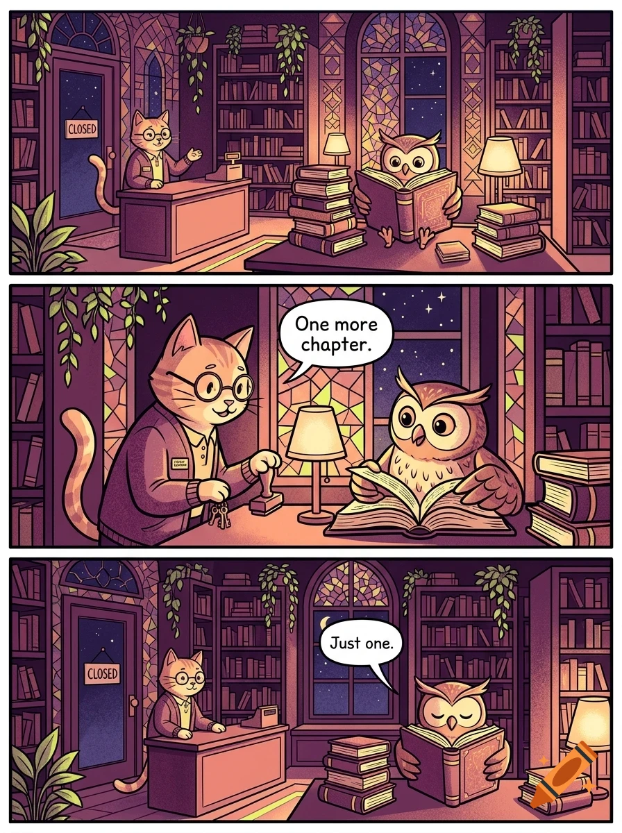 A comic strip showing a cat librarian in glasses talking to an owl reading a book in a cozy library at night.