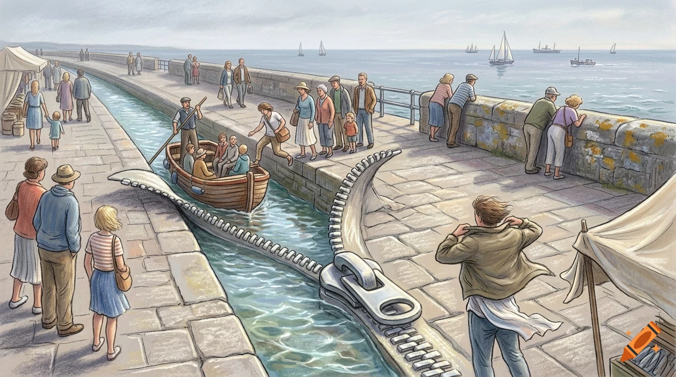 An illustrative image of a large zipper opening up the stone ground and water canal along a seaside pier with people walking and a small boat.