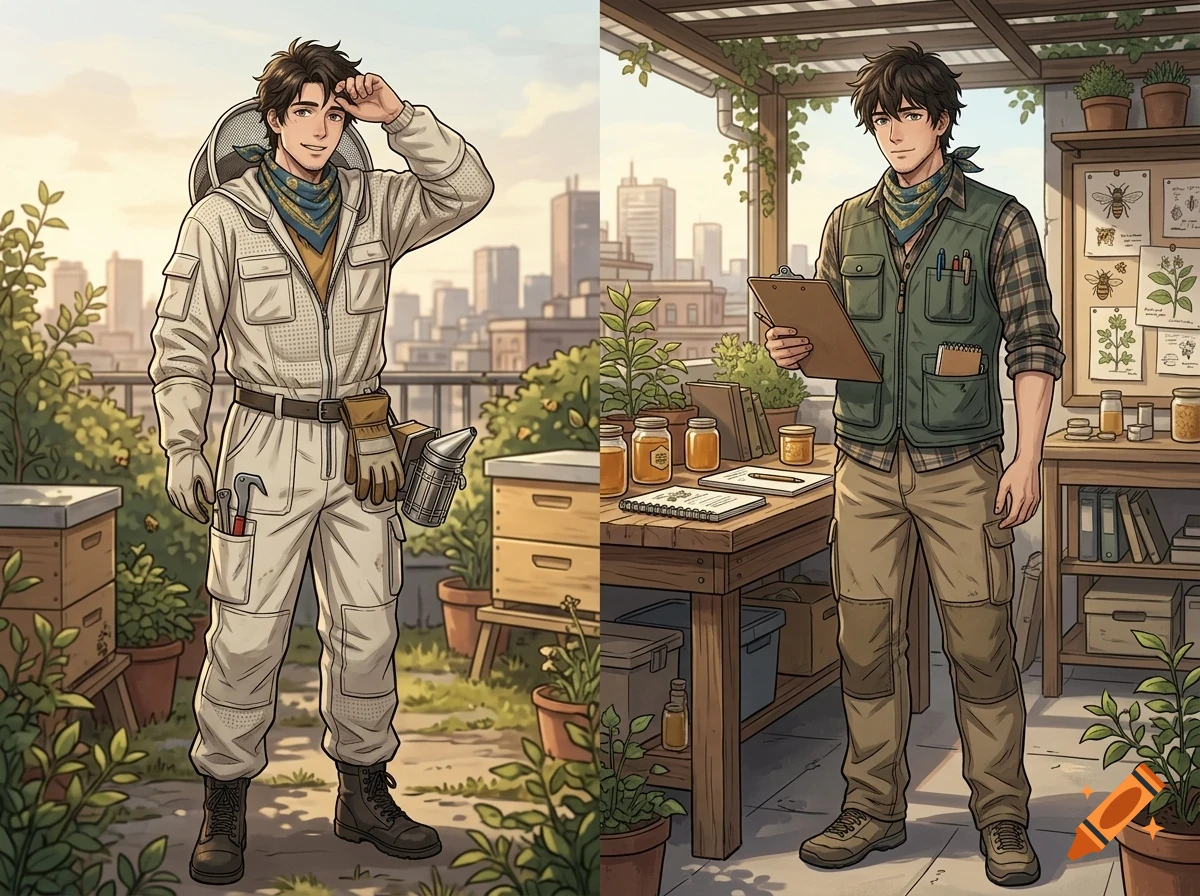 An anime-style illustration showing a beekeeper in two different scenes: wearing a beekeeping suit on a rooftop apiary and working indoors with a clipboard.