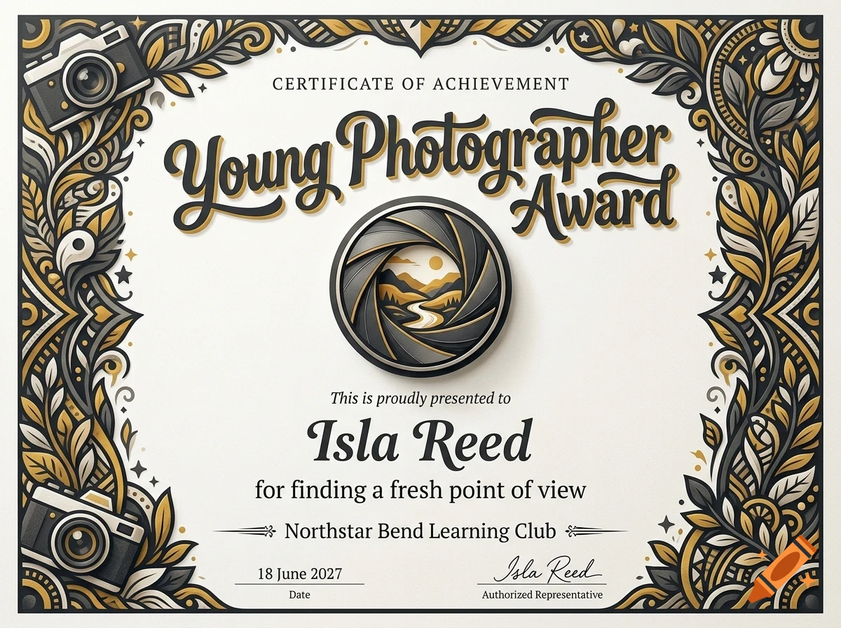 Certificate of achievement titled Young Photographer Award with ornate borders, camera illustrations, and text presented to Isla Reed.