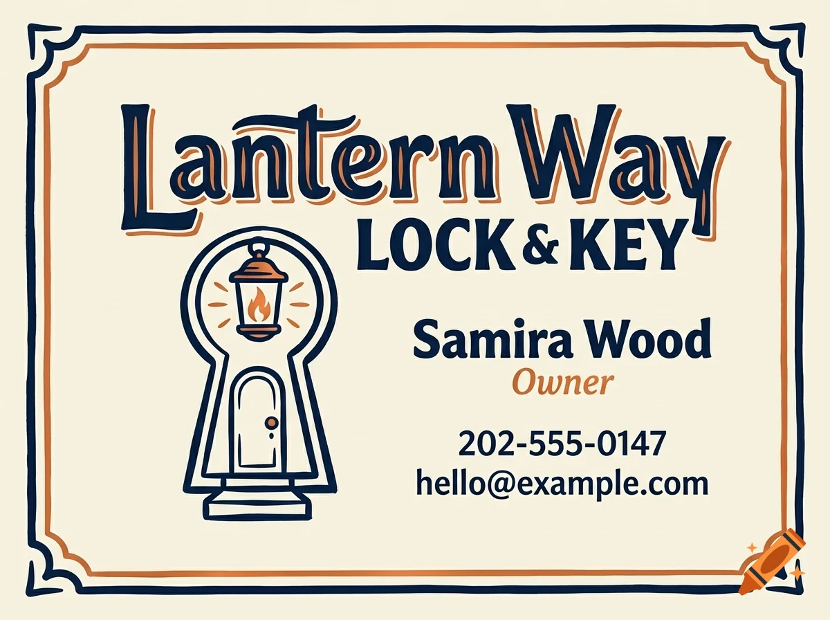 A business card with the text 'Lantern Way LOCK & KEY', a logo of a keyhole containing a lit lantern, and contact details for Samira Wood, Owner.
