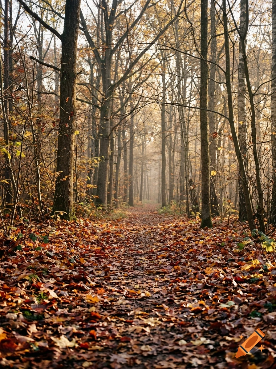 Photorealistic autumn forest with a narrow trail covered in fallen leaves between tall trees.