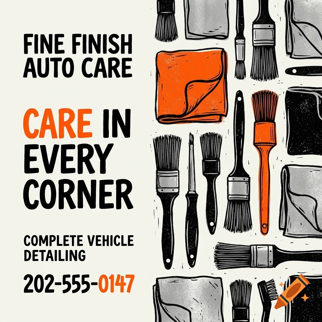 An illustrated poster for Fine Finish Auto Care featuring cleaning brushes, cloths, and detailing tools with text on the left.