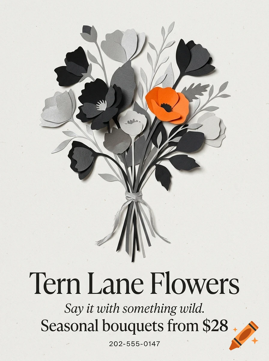 A paper-cut art bouquet of mostly black and grey flowers with one orange flower, accompanied by promotional text.