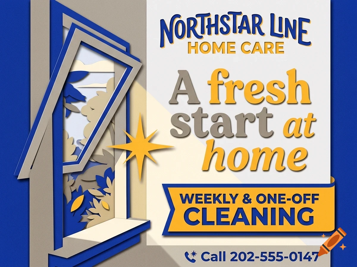 An advertisement for Northstar Line Home Care featuring a stylized open window graphic and the text A fresh start at home.