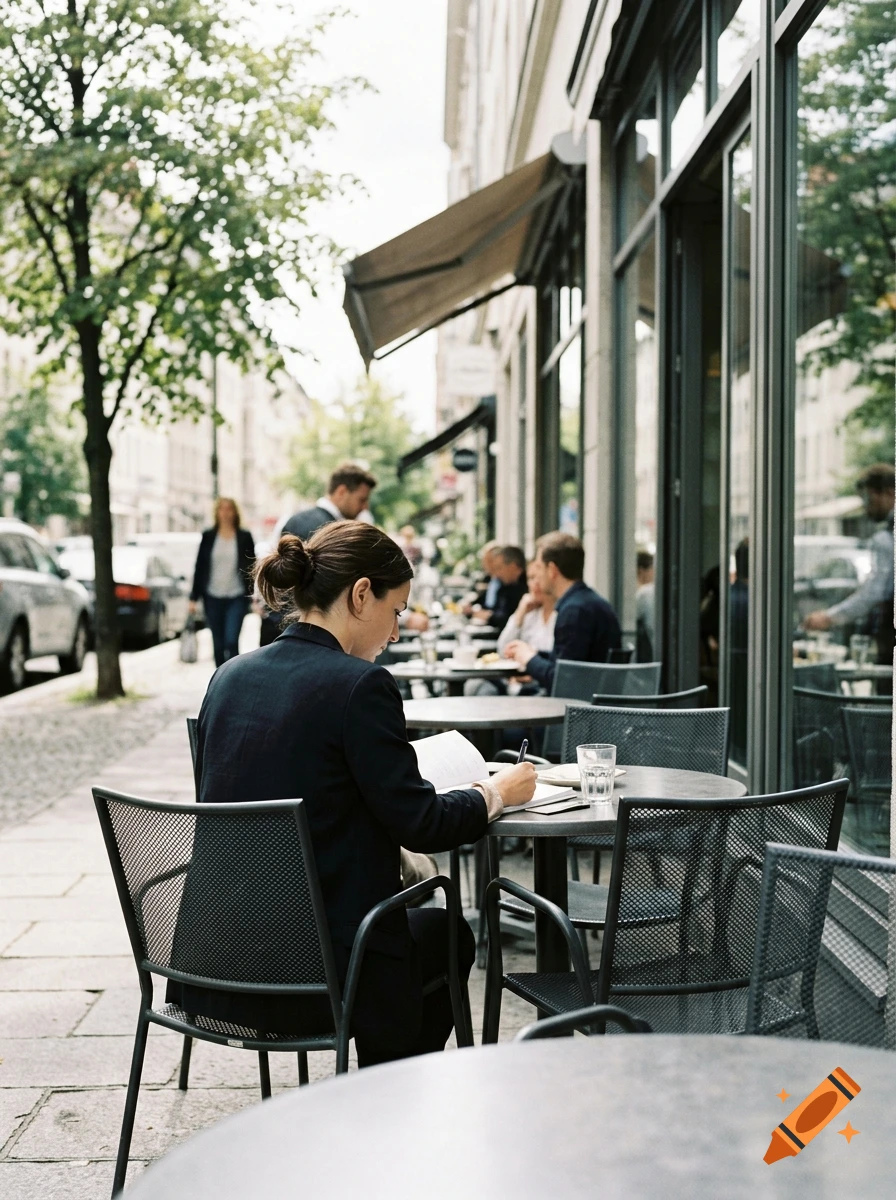 Photorealistic shot of a woman in a black blazer sitting at an outdoor cafe table, writing in a notebook.