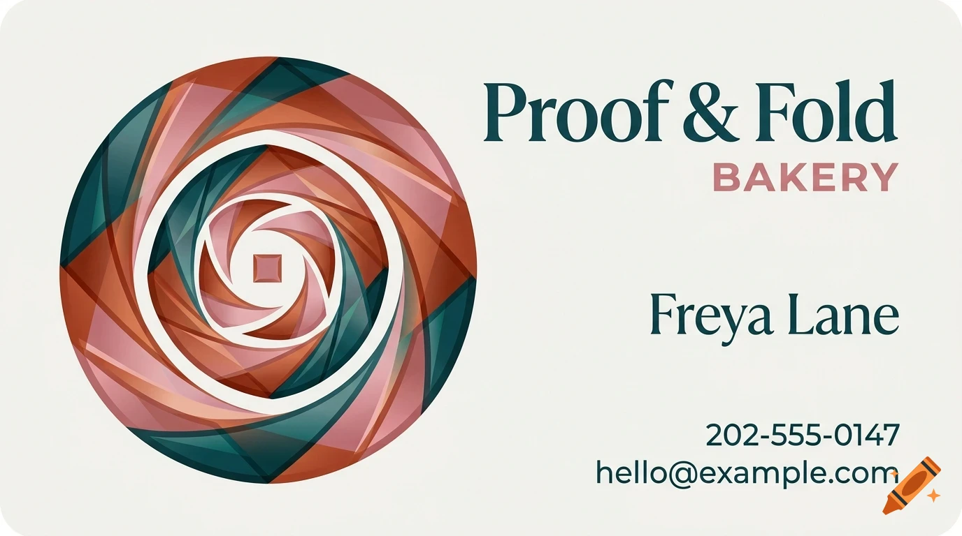 A business card featuring a circular geometric abstract pattern on the left and the text Proof & Fold Bakery, Freya Lane, a phone number, and an email address on the right.