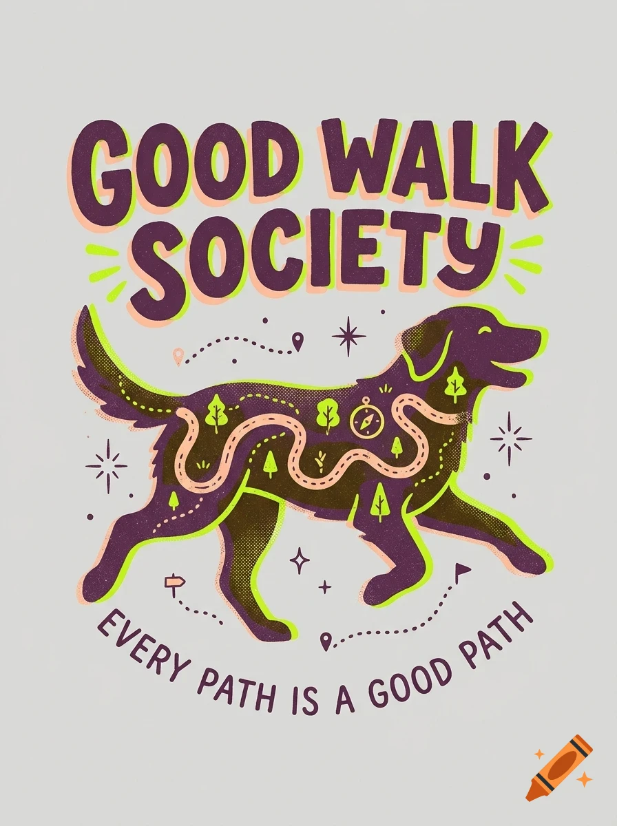 Illustration of a running dog with a path mapped on its body, surrounded by lettering reading GOOD WALK SOCIETY and EVERY PATH IS A GOOD PATH.