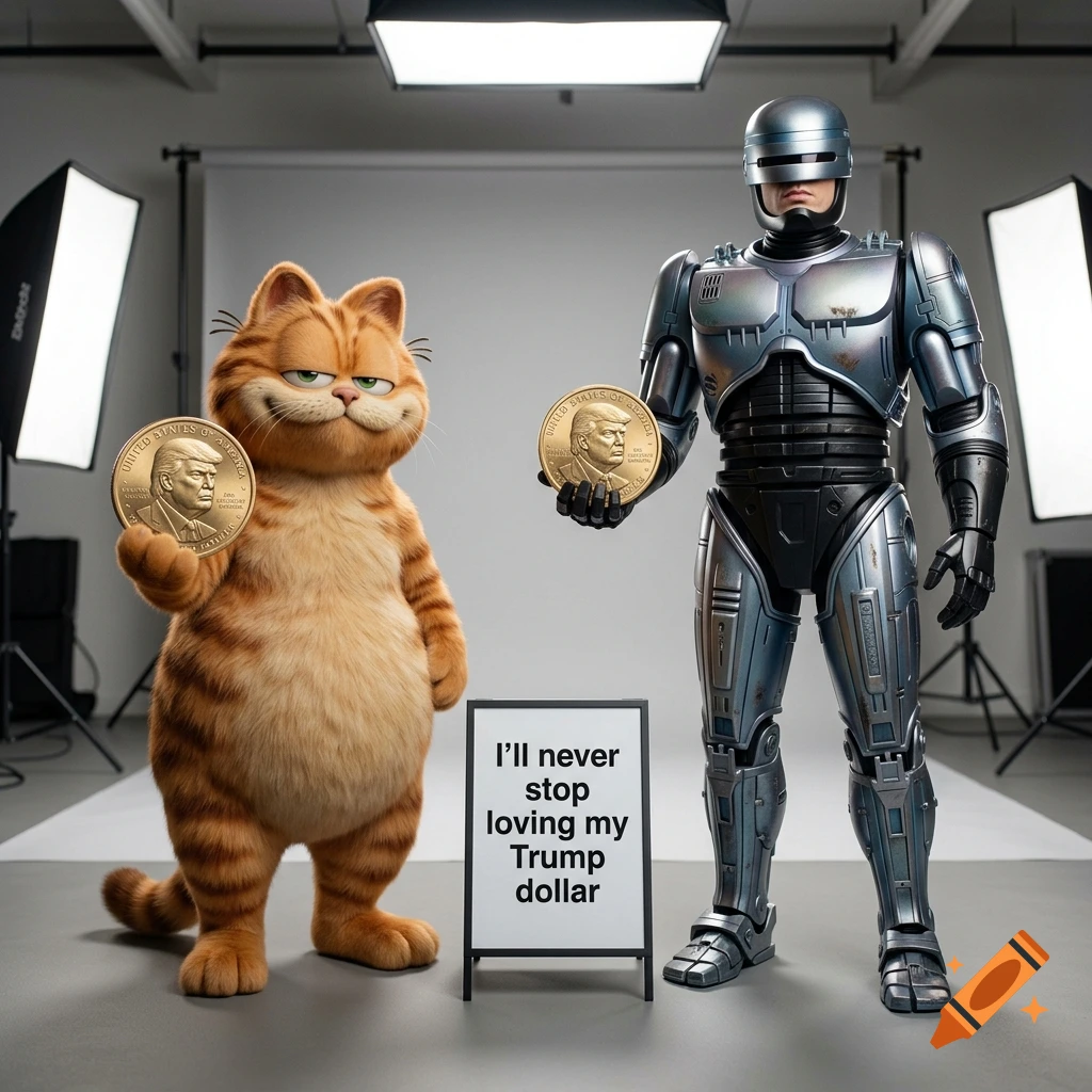 Garfield and RoboCop standing in a photo studio holding up Trump coins, with a sign reading I'll never stop loving my Trump dollar.
