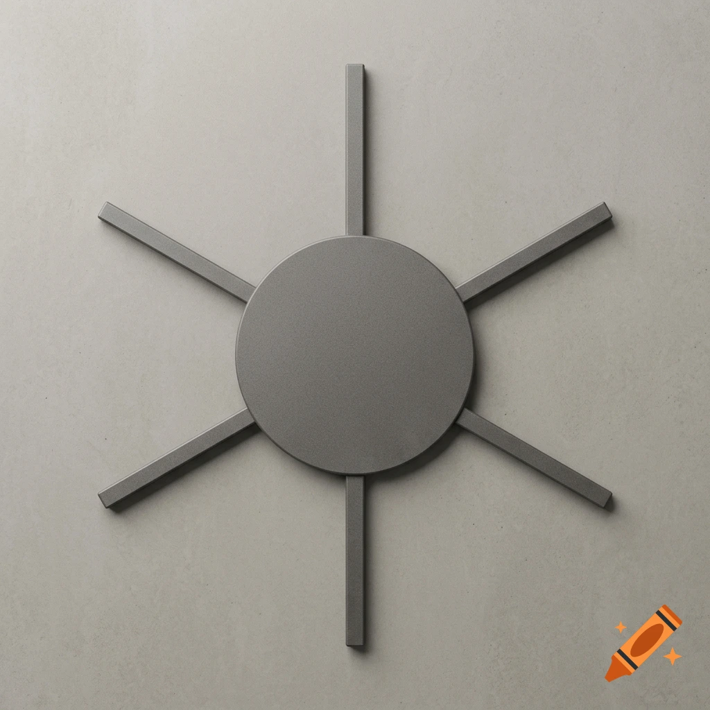 A gray circular plate with six gray rectangular lines radiating outwards on a neutral gray background.