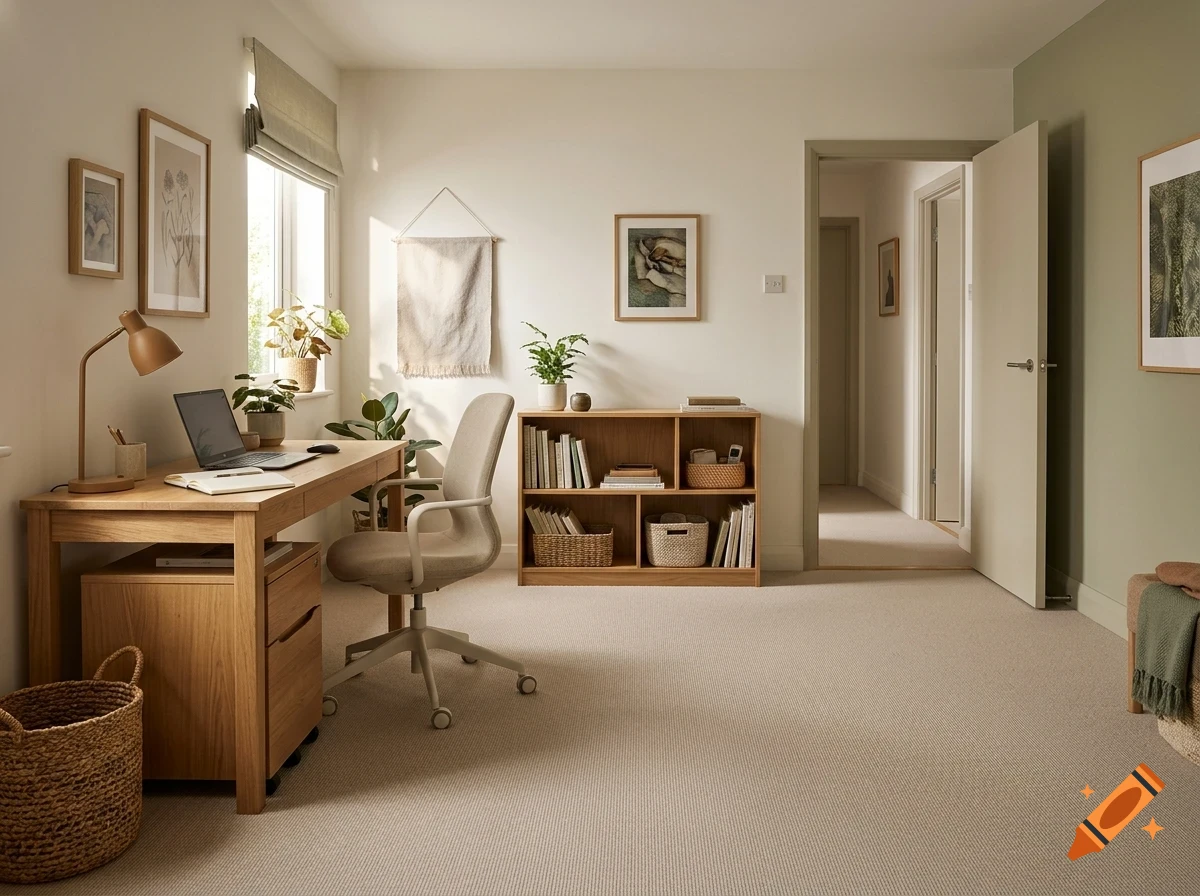A well-lit modern home office with a wooden desk, laptop, office chair, bookshelves, and plants.
