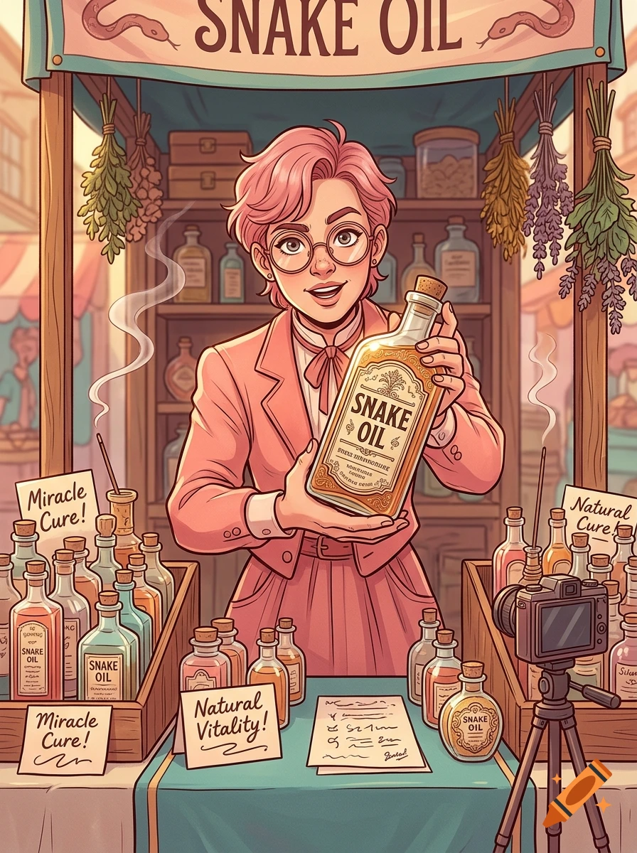 An illustrated pink-haired character with glasses in a booth selling bottles labeled snake oil, in an anime style.