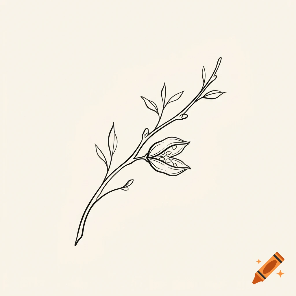 A black line drawing of a leafy twig with a seed pod against a plain background.