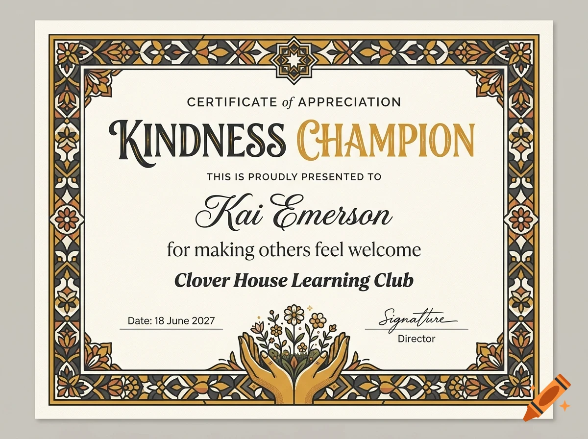Certificate of appreciation titled Kindness Champion awarded to Kai Emerson, featuring ornamental border and floral illustration in hands.