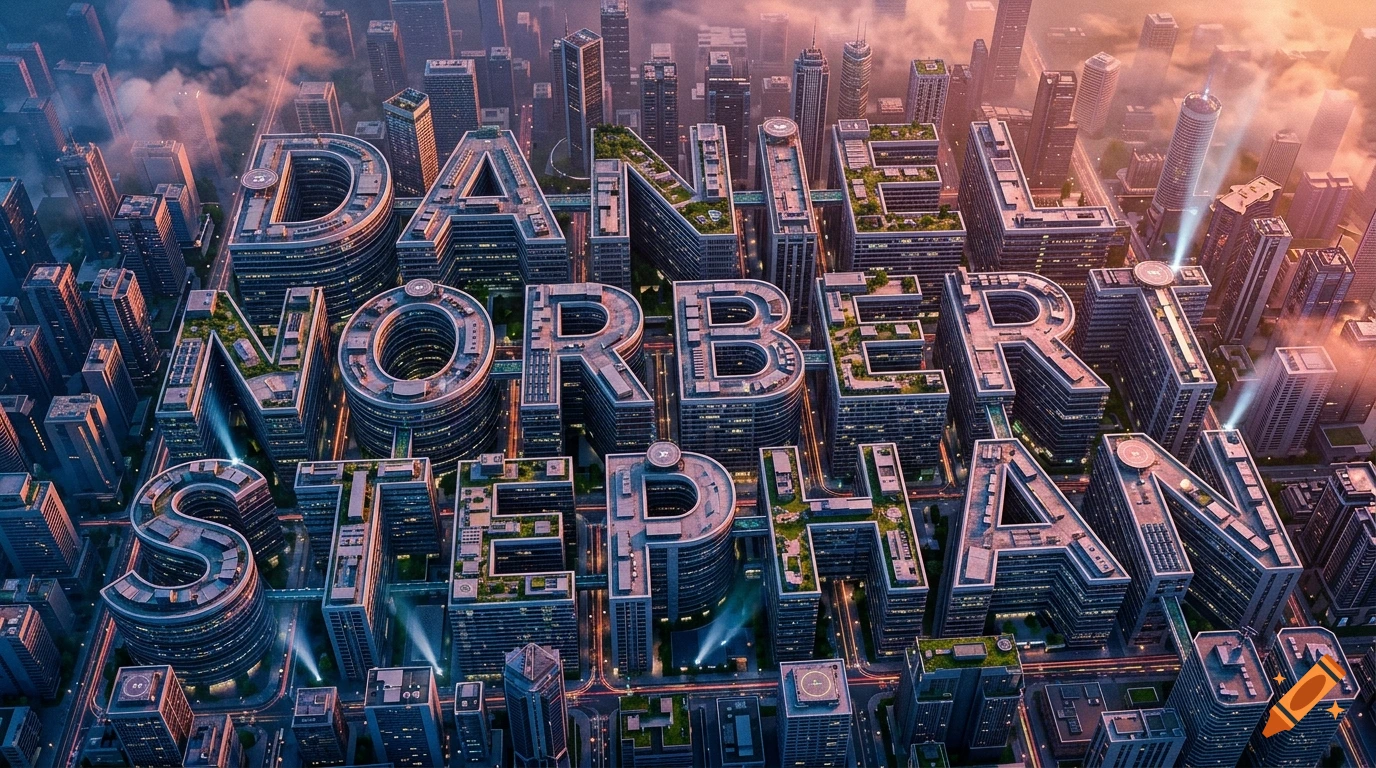 Aerial view of a futuristic city where skyscrapers form the text Daniel Norbert Stephan.