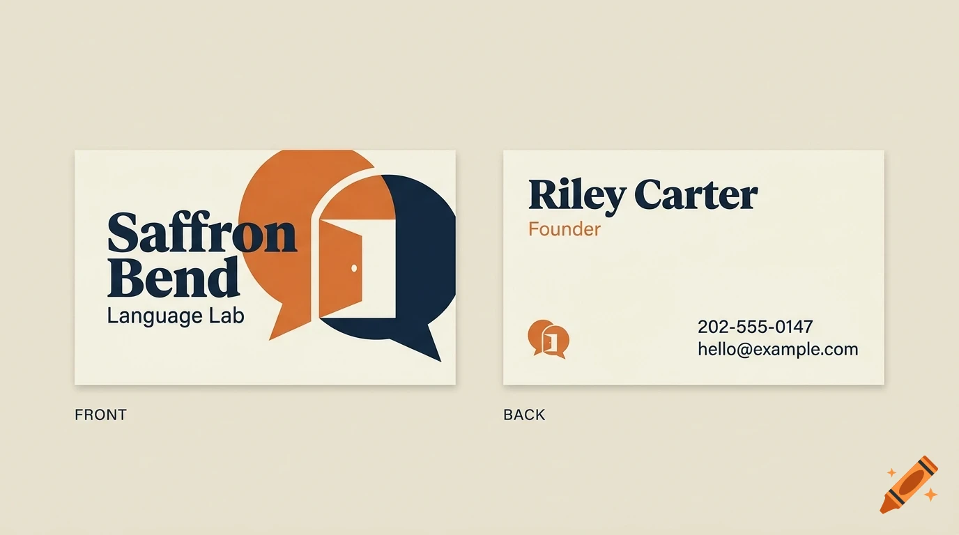 Front and back of a business card design for Saffron Bend Language Lab with blue and orange speech bubble motifs and an open door icon.