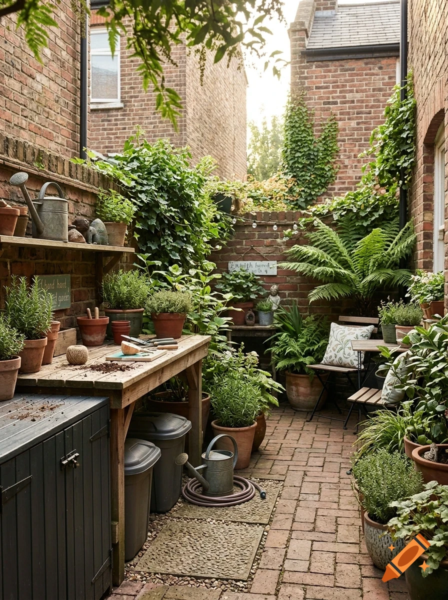 A narrow brick courtyard garden filled with potted plants, a wooden potting bench, and brick walls covered in climbing ivy and greenery.