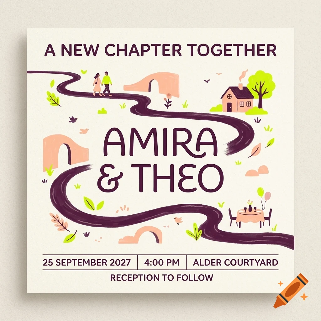 An illustrated invitation card featuring a winding path, a small house, trees, and the text AMIRA & THEO.