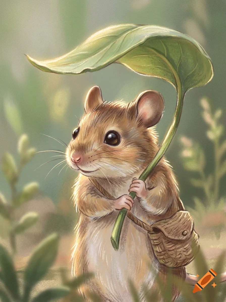 A small mouse holding a large green leaf as an umbrella in a forest.