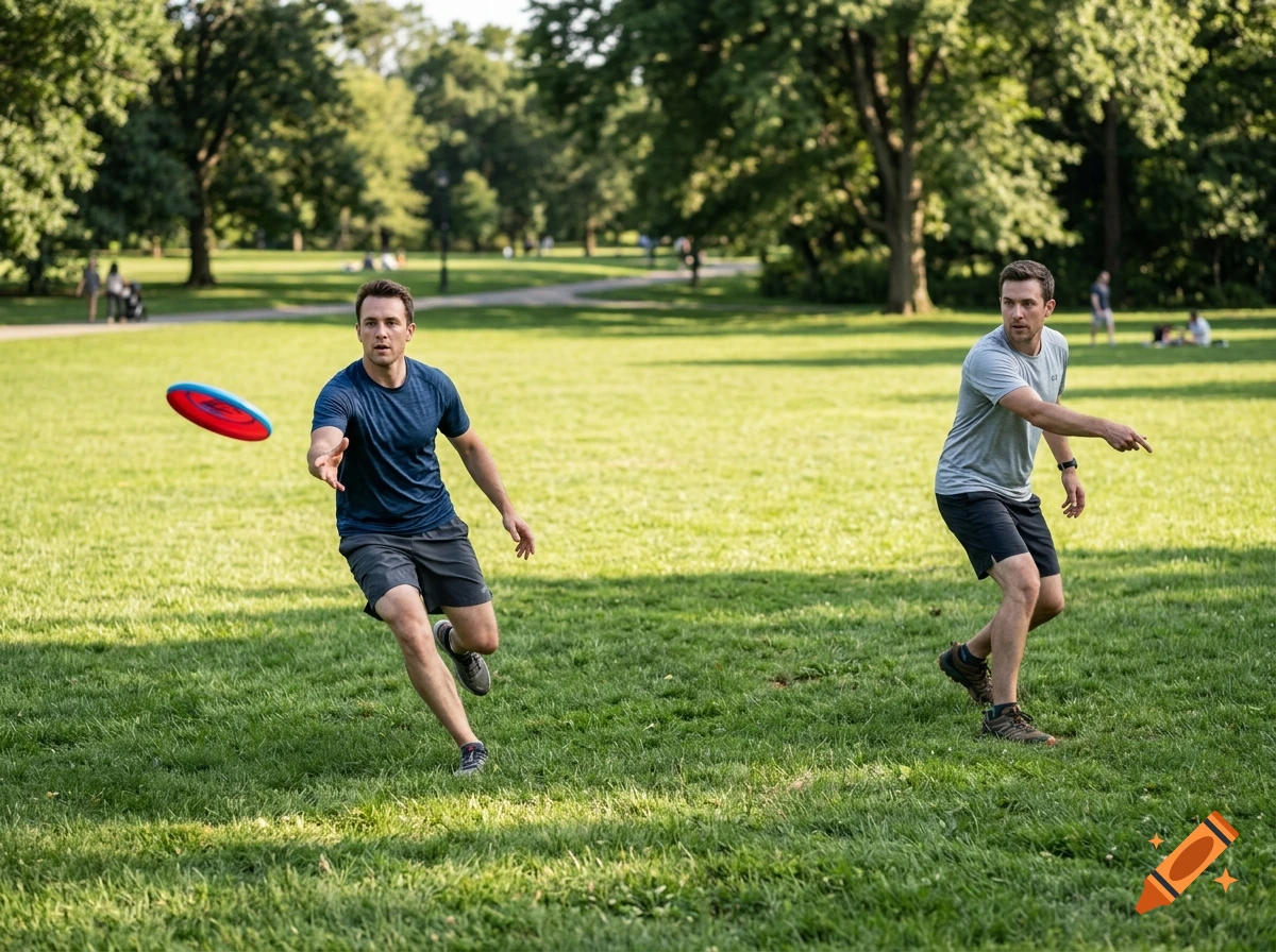 Two men playing frisbee in a lush green park during daylight, photorealistic.