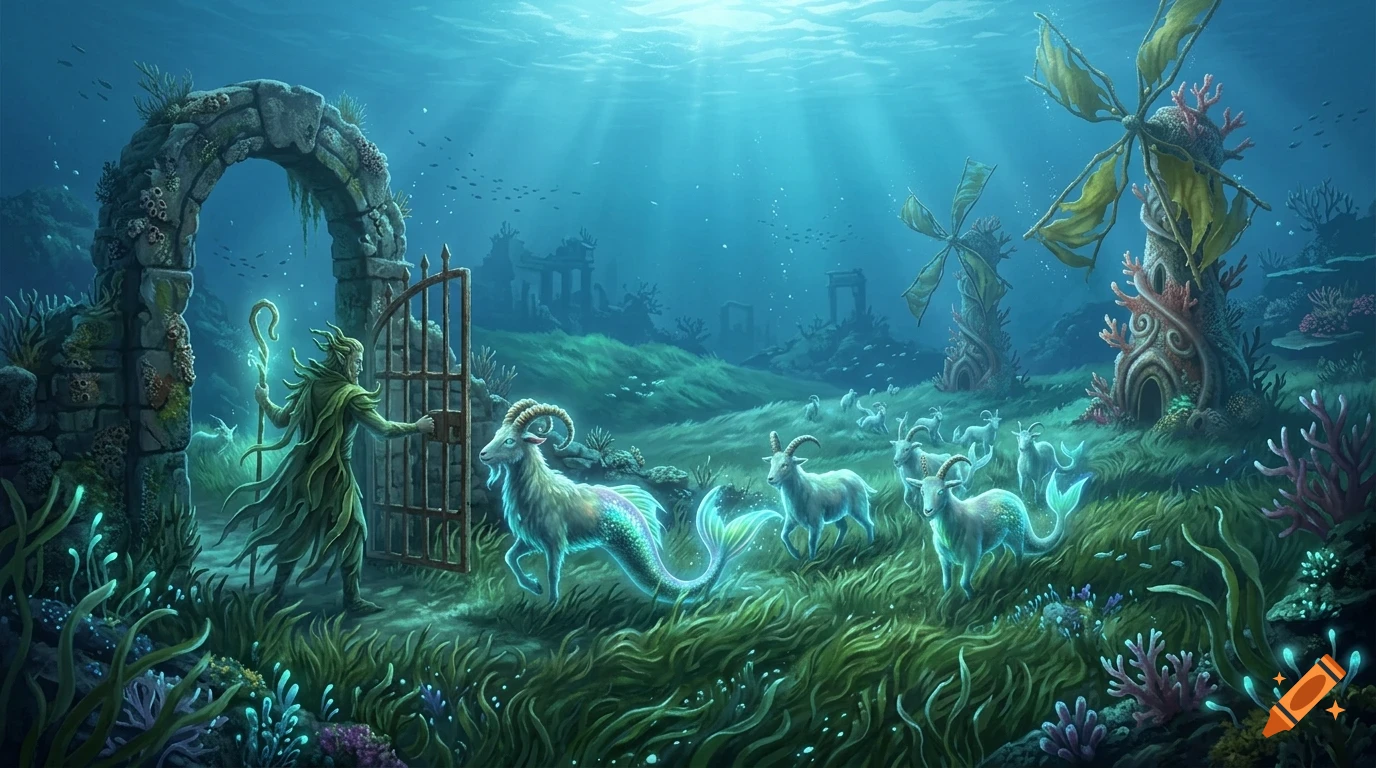 An underwater fantasy scene with a robed figure opening a stone gate, and glowing sea goats with fish tails grazing in an ocean meadow near underwater windmills and ruins.