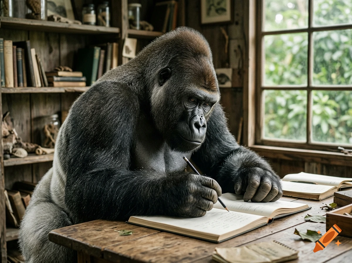 Photorealistic image of a large gorilla sitting at a wooden desk in a rustic study, writing in an open book with a pencil.