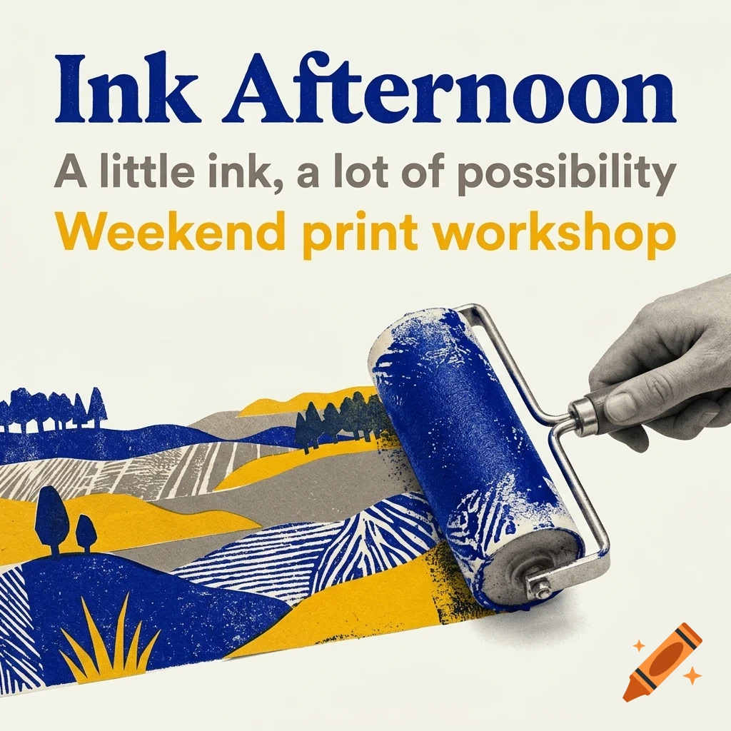 A hand rolling blue ink across a print showing a landscape with hills and trees, with text reading Ink Afternoon.