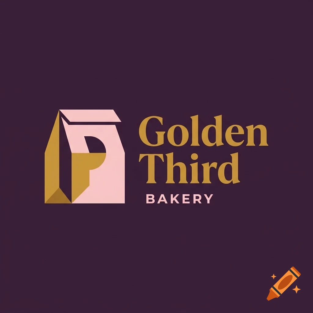 A logo for Golden Third Bakery featuring a pink and gold geometric paper bag icon next to the text 'Golden Third BAKERY' on a dark purple background.