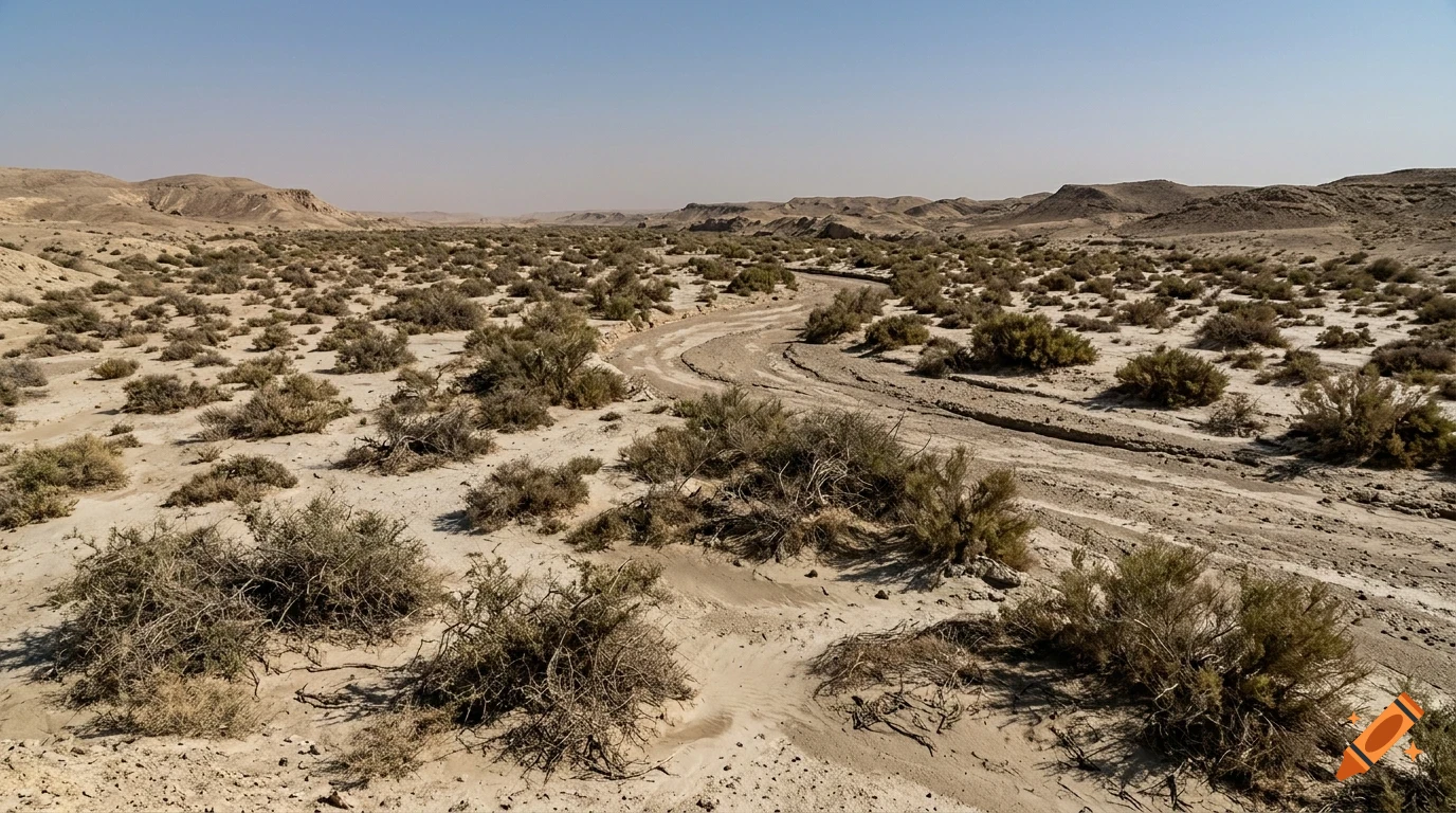 A wide desert landscape with sparse green bushes and a dry riverbed winding through hills under a clear blue sky.