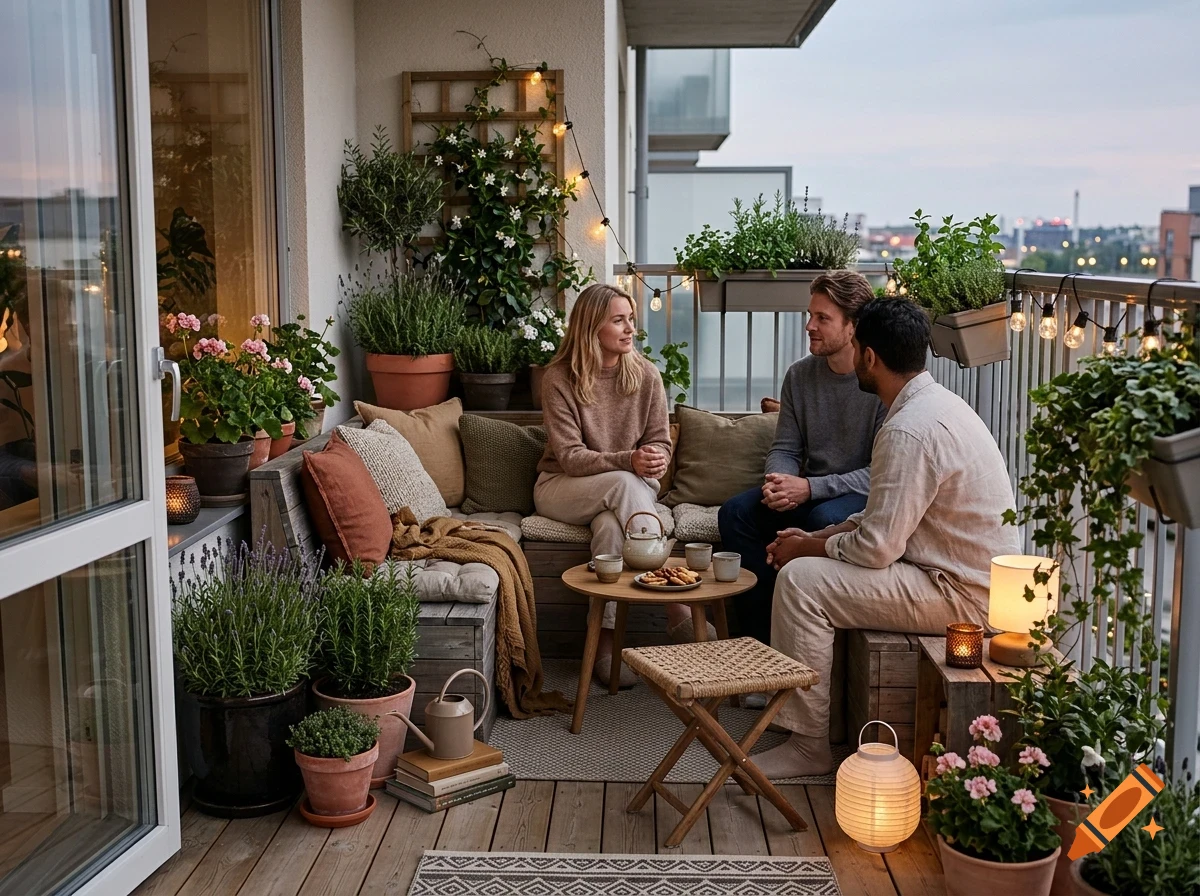 Three friends sitting on a cozy, plant-filled balcony with wooden seating, a small table, and string lights at dusk.