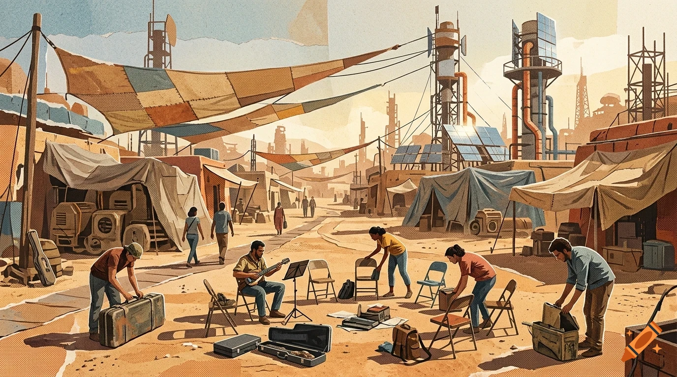 People setting up chairs and gear in a desert settlement with tents and industrial towers.